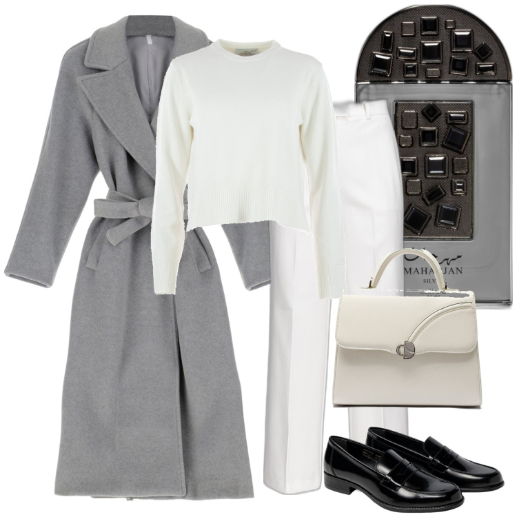 Outfit donna - Essenziale. Stile Casual chic per Tutti i giorni. Abbinamento con profumi, pantaloni, cappotti, mocassini, borse a mano, maglieria.