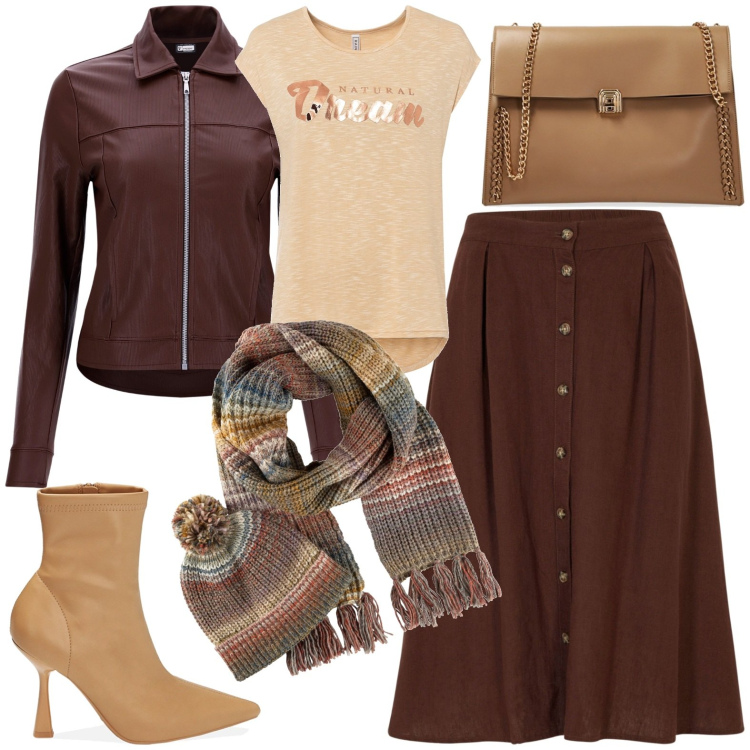 Outfit donna - Total look #1773458. Stile Casual chic per Tutti i giorni. Abbinamento con maglieria, gonne longuette, sciarpe, cappotti, borse a spalla, stivaletti.