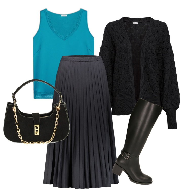 Outfit donna - Gonna plissè. Stile Bon Ton per Serata fuori. Abbinamento con cardigans, stivali sopra il ginocchio, borse a spalla, gonne lunghe, top.