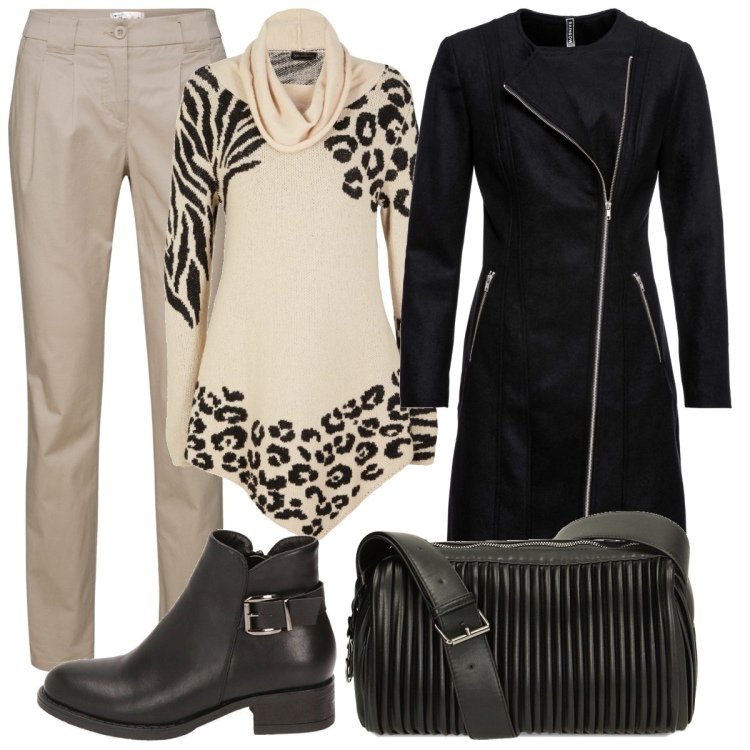 Outfit donna - Grintoso in nero e beige. Stile Casual per Tutti i giorni. Abbinamento con pantaloni chino, cappotti, maglieria, borse a spalla, stivaletti.
