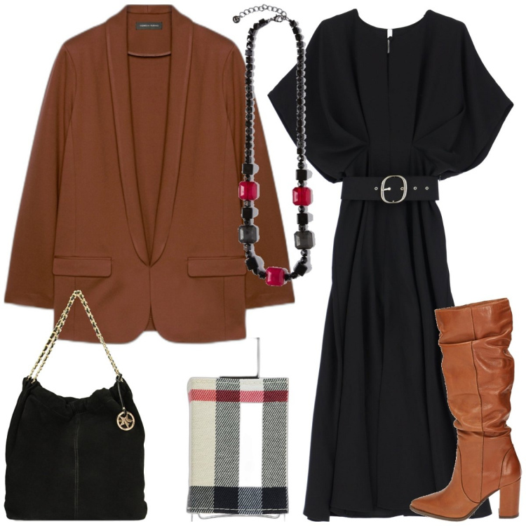 Outfit donna - In città. Stile Casual per Tutti i giorni. Abbinamento con profumi, vestiti midi/longuette, stivali, borse a spalla, blazer, collane.