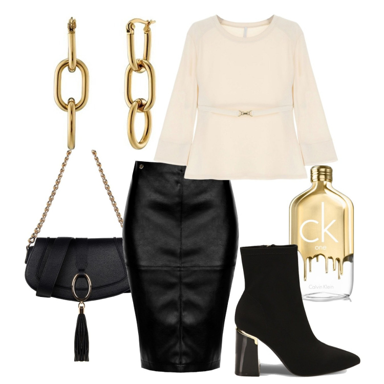 Outfit donna - Cena aziendale. Stile Casual chic per Serata fuori. Abbinamento con profumi, gonne longuette, borse a spalla, maglieria, stivaletti, orecchini.