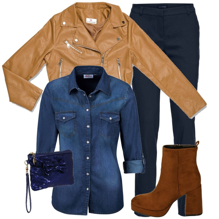 Outfit donna - Brilly in blu. Stile Trendy per Serata fuori. Abbinamento con camicie, pantaloni, stivaletti, cappotti, pochette.