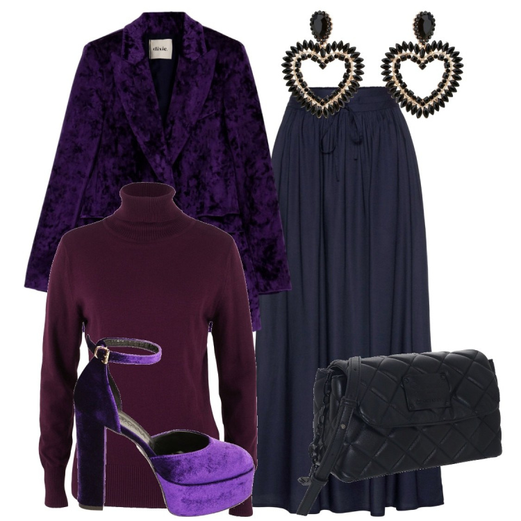 Outfit donna - Matelassè. Stile Boho per Serata fuori. Abbinamento con gonne lunghe, maglieria, cappotti, orecchini, décolleté, borse a tracolla.