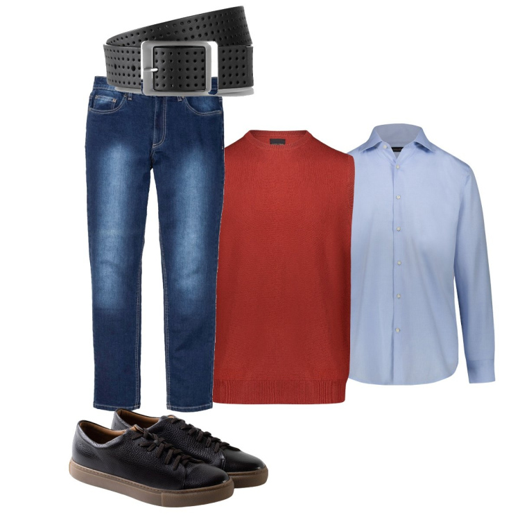 Outfit uomo - Gilet rosso. Stile Business/Elegante per Ufficio. Abbinamento con cinture, jeans slim fit, gilet, sneakers, camicie.