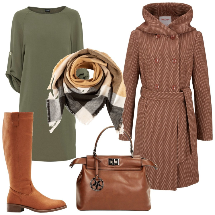 Outfit donna - Due passi in centro. Stile Casual per Tutti i giorni. Abbinamento con stivali, vestiti, cappotti, foulard, borse a mano.