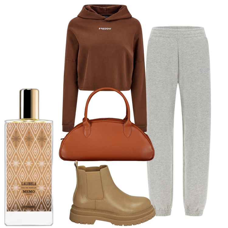 Outfit donna - In giro. Stile Sporty chic per Tutti i giorni. Abbinamento con profumi, felpe con cappuccio, pantaloni, stivaletti, borse a spalla.