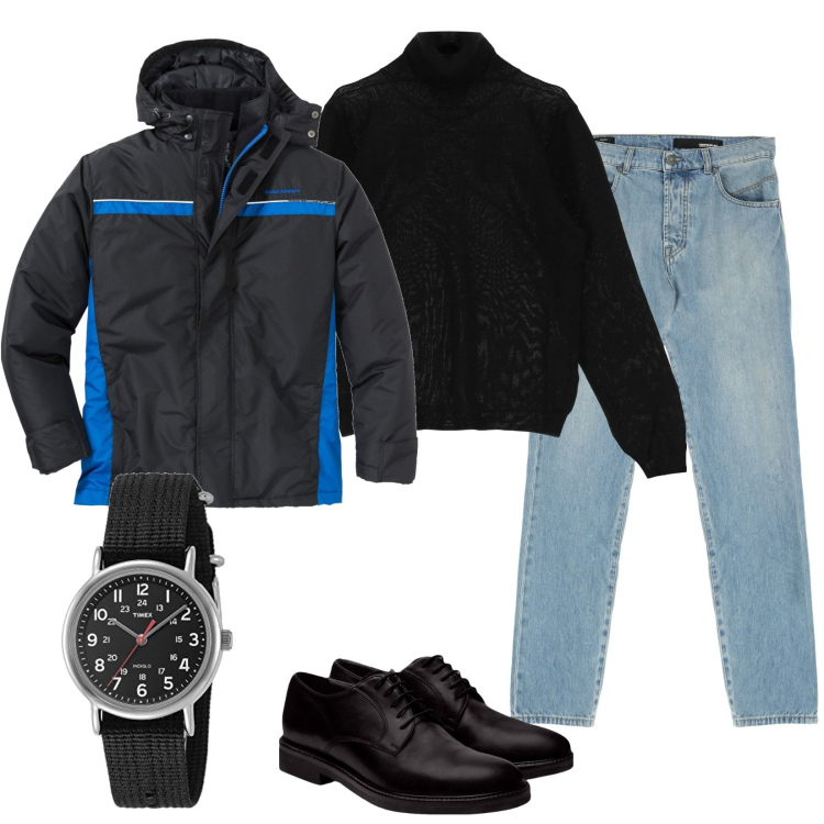 Outfit uomo - Look di fine novembre. Stile Casual per Tutti i giorni. Abbinamento con giacche, maglieria, jeans dritti, scarpe stringate, orologi analogici.