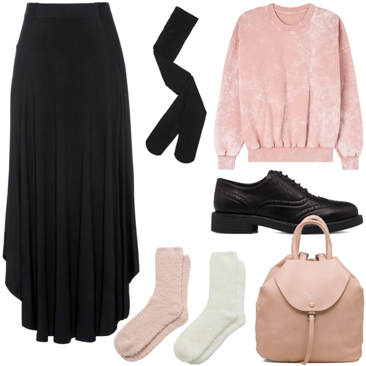 Outfit donna - Comoda con stile. Stile Basic per Scuola/Università. look ideale per Petite. Abbinamento con gonne, collant, felpe, calzini, zaini, scarpe stringate.