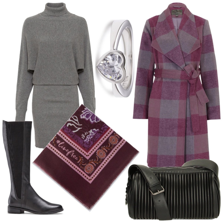 Outfit donna - Viola di giorno. Stile Casual per Tutti i giorni. Abbinamento con vestiti, cappotti, stivali sopra il ginocchio, foulard, borse a spalla, anelli.