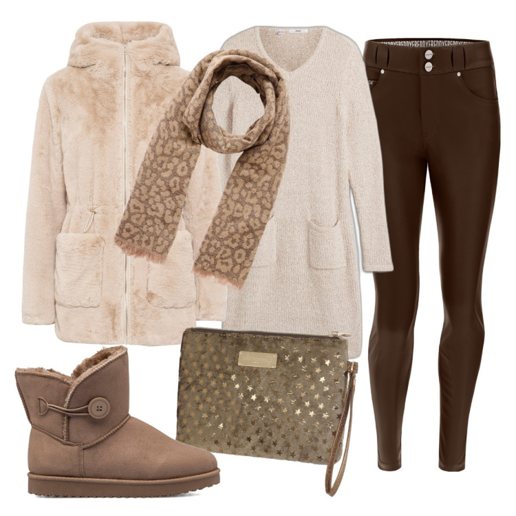 Outfit donna - Dicembre. Stile Casual chic per Tutti i giorni. Abbinamento con ecopellicce, vestiti, sciarpe, pantaloni, stivaletti, pochette.