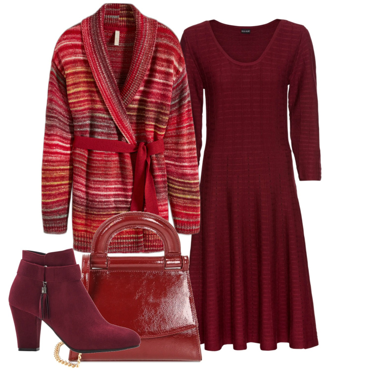 Outfit donna - Red Christmas. Stile Bon Ton per Tutti i giorni. Abbinamento con vestiti, stivaletti, cardigans, borse a mano.