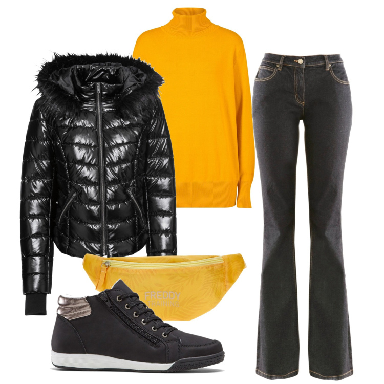 Outfit donna - Commissioni. Stile Basic per Tutti i giorni. Abbinamento con sneakers alte, maglieria, jeans bootcut, cappotti, marsupi.
