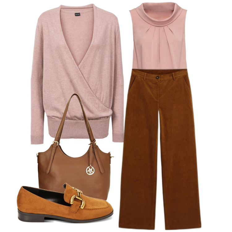 Outfit donna - Rosa bon ton. Stile Bon Ton per Ufficio. Abbinamento con pantaloni, top, maglieria, borse a spalla, mocassini.
