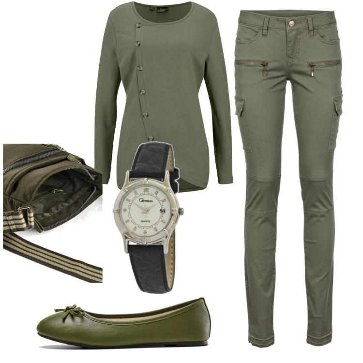 Outfit donna - Total look #1773600. Stile Basic per Ufficio. Abbinamento con pantaloni cargo, maglieria, ballerine, borse a tracolla, orologi.