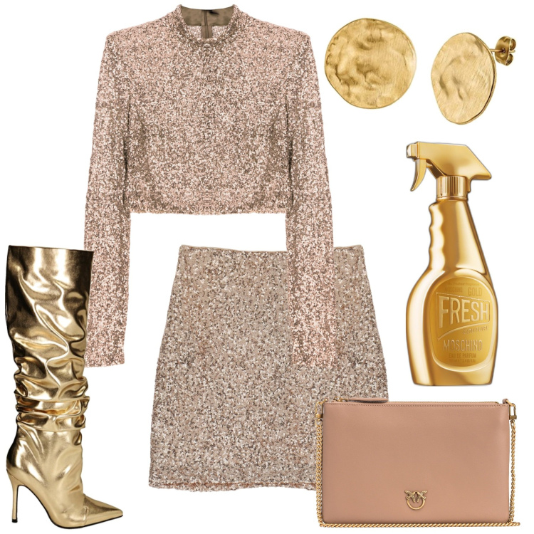 Outfit donna - Oro per fine anno. Stile Glamour per Serata fuori. Abbinamento con profumi, borse a tracolla, maglieria, minigonne, stivali, orecchini.