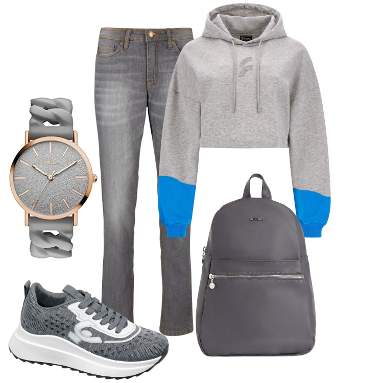 Outfit donna - Giorni grigi. Stile Basic per Tutti i giorni. Abbinamento con jeans mom, felpe con cappuccio, zaini, sneakers, orologi.