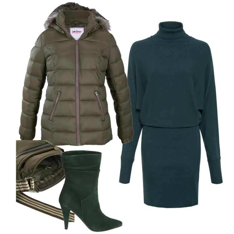 Outfit donna - Città. Stile Minimal per Tutti i giorni. Abbinamento con vestiti, piumini, borse a tracolla, stivaletti.
