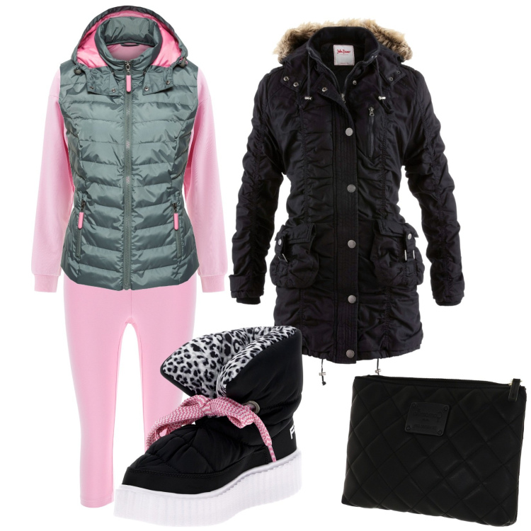 Outfit donna - Doppia versione di stagione. Stile Sporty chic per Tutti i giorni. Abbinamento con gilet, cappotti, stivali sopra il ginocchio, felpe, leggings, pochette.