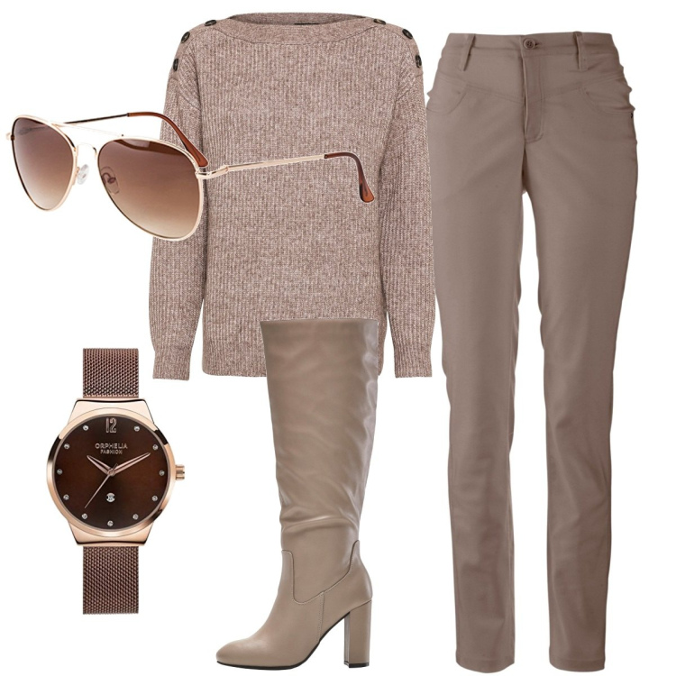 Outfit donna - Total look #1773616. Stile Basic per Ufficio. Abbinamento con maglieria, occhiali da sole, pantaloni, stivali sopra il ginocchio, orologi.