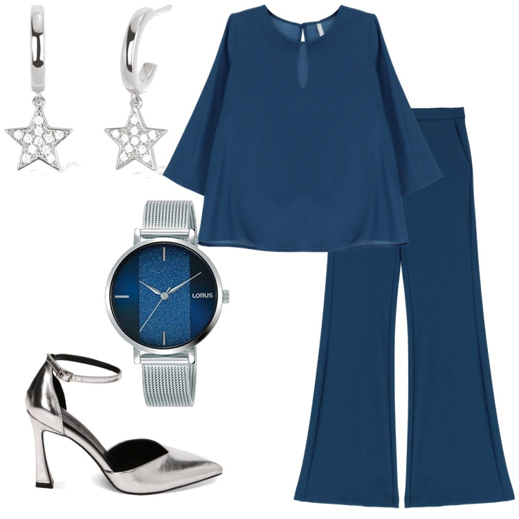 Outfit donna - Total look #1773618. Stile Glamour per Serata fuori. Abbinamento con orecchini, pantaloni, camicie, décolleté, orologi.