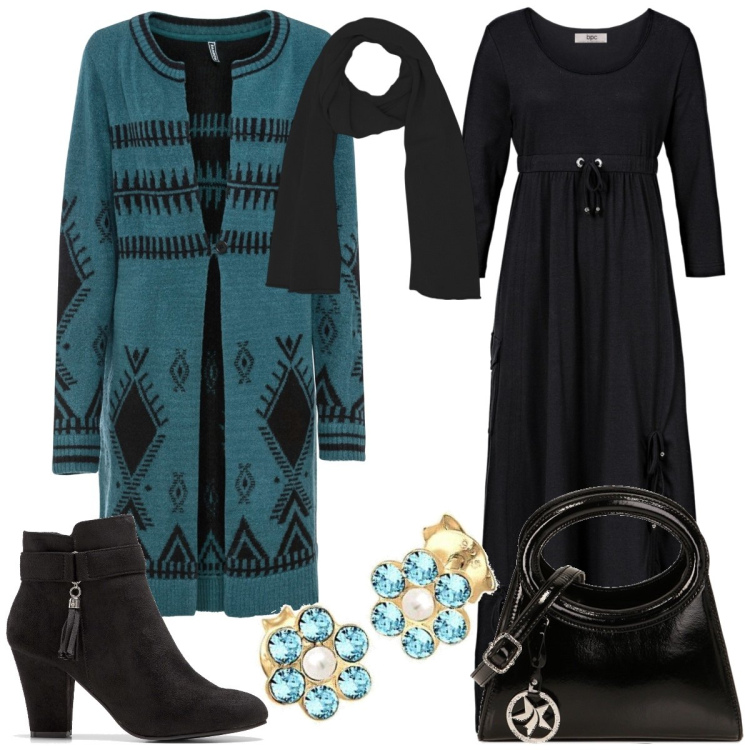 Outfit donna - A spasso. Stile Boho per Tutti i giorni. Abbinamento con vestiti lunghi, cardigans, stivaletti, sciarpe, borse a spalla, orecchini.