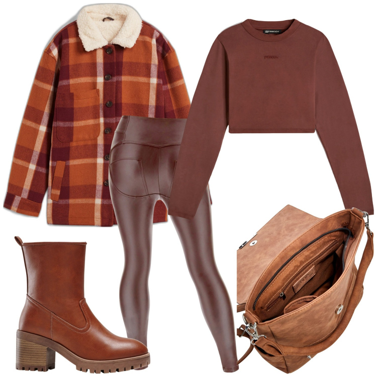 Outfit donna - Nei toni del mattone. Stile Casual per Tutti i giorni. Abbinamento con stivaletti, zaini, blazer, pantaloni skinny, maglieria.