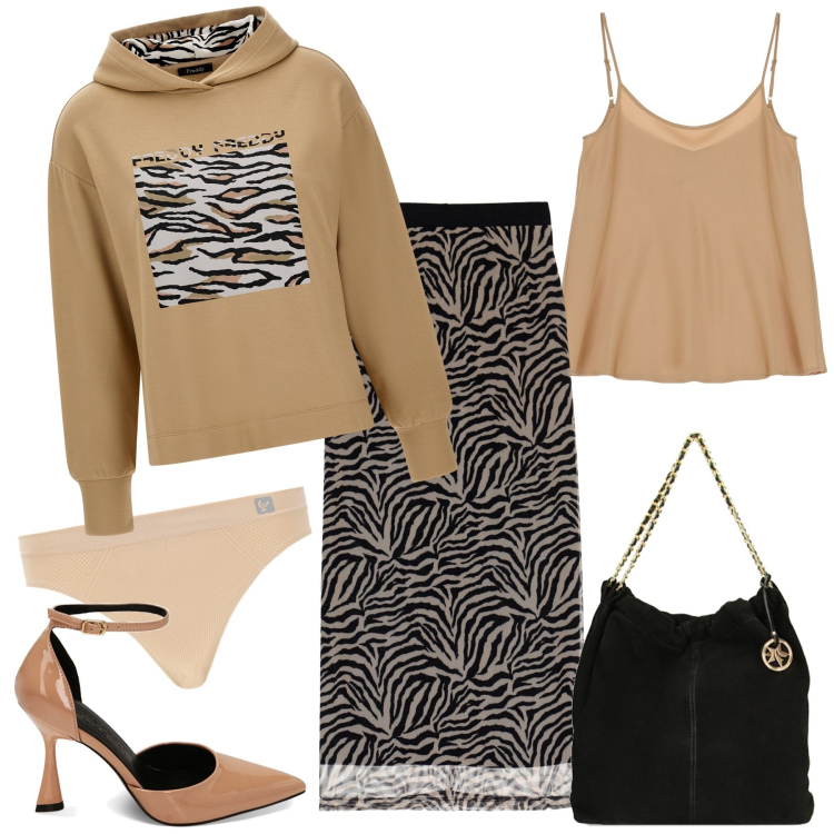Outfit donna - La felpa simpatica. Stile Casual chic per Tutti i giorni. Abbinamento con gonne lunghe, top, perizomi, felpe con cappuccio, borse a spalla, décolleté.