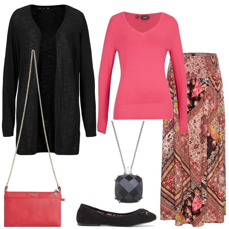 Outfit donna - Passeggiata in centro. Stile Boho per Tutti i giorni. Abbinamento con cardigans, gonne, ballerine, maglieria, clutch, collane.