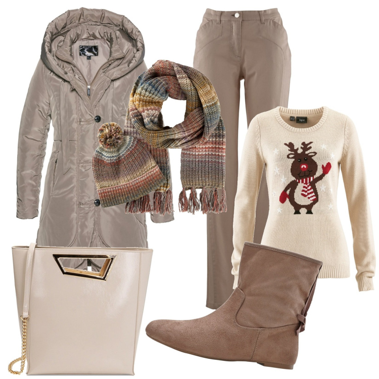 Outfit donna - Aspettando il Natale. Stile Casual chic per Ufficio. Abbinamento con blazer, maglieria, pantaloni sportivi, sciarpe, stivaletti, borse a mano.