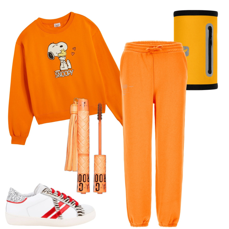 Outfit donna - A spasso con Lucky. Stile Basic per Tutti i giorni. Abbinamento con mascara, sneakers, felpe, fasce per capelli, pantaloni.