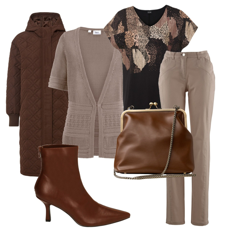 Outfit donna - Allieva curiosa. Stile Casual chic per Scuola/Università. Abbinamento con maglieria, cardigans, cappotti, pantaloni sportivi, stivaletti, clutch.