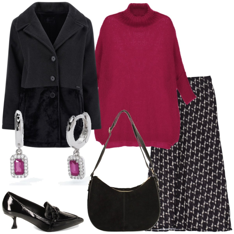 Outfit donna - Ufficio. Stile Casual chic per Ufficio. Abbinamento con orecchini, maglieria, gonne longuette, cappotti, borse a spalla, mocassini.