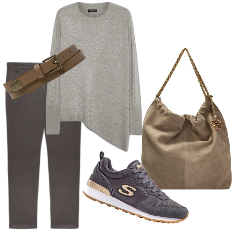 Outfit donna - Casual Friday. Stile Casual per Scuola/Università. Abbinamento con sneakers, borse a spalla, cinture, maglieria, pantaloni.