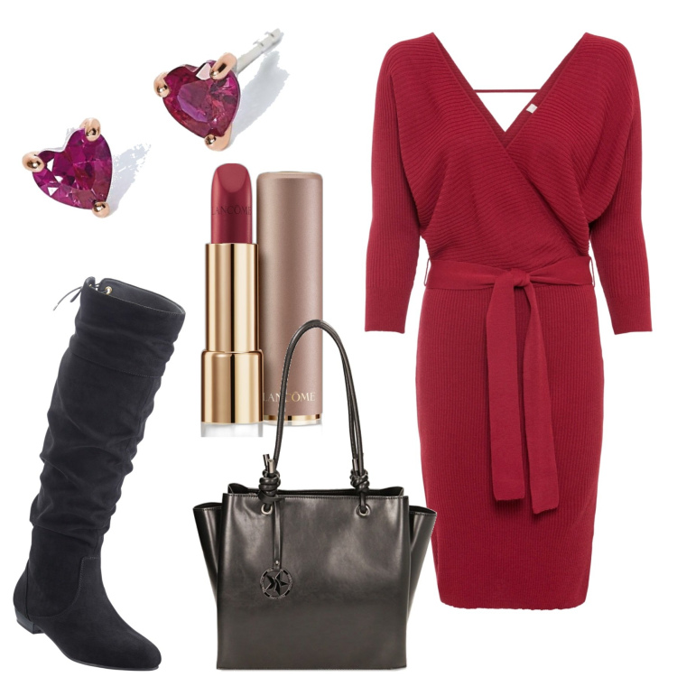 Outfit donna - Il Vestito rosso. Stile Urban per Ufficio. Abbinamento con stivali, vestiti, rossetti, orecchini, borse a spalla.