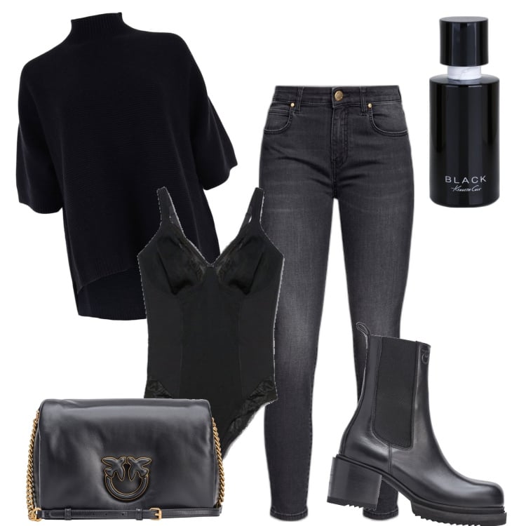 Outfit donna - Anima black. Stile Casual per Tutti i giorni. Abbinamento con profumi, body, jeans, stivaletti chelsea, borse a tracolla, maglieria.