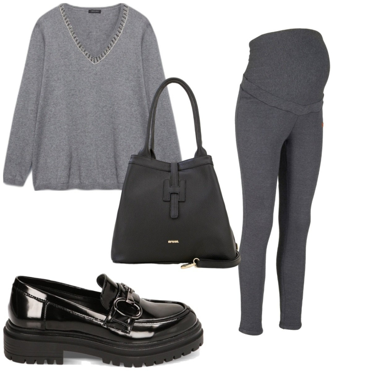 Outfit donna - Total look #1773688. Stile Casual per Tutti i giorni. look ideale per Premaman. Abbinamento con leggings, borse a secchiello, mocassini, maglieria.