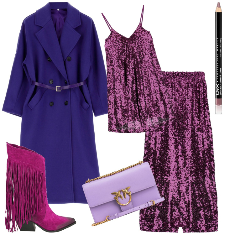 Outfit donna - Festa matta. Stile Glamour per Serata fuori. Abbinamento con matite labbra, borse a tracolla, gonne lunghe, vestiti corti, cappotti, stivali.