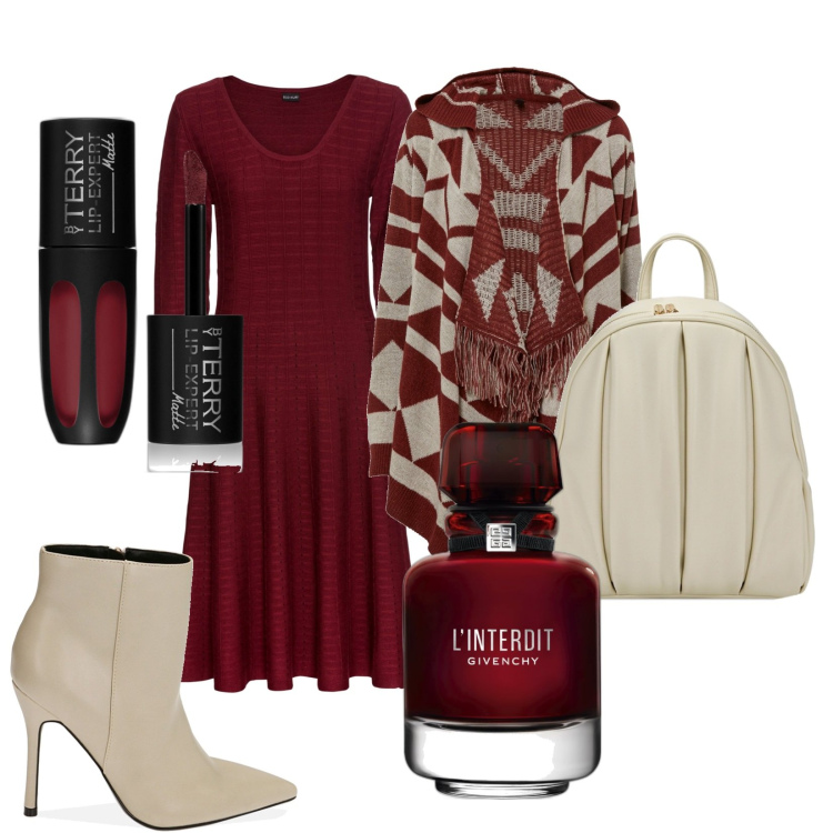 Outfit donna - Terry & Givency. Stile Casual chic per Ufficio. Abbinamento con vestiti, cardigans, profumi, rossetti, zaini, stivaletti.