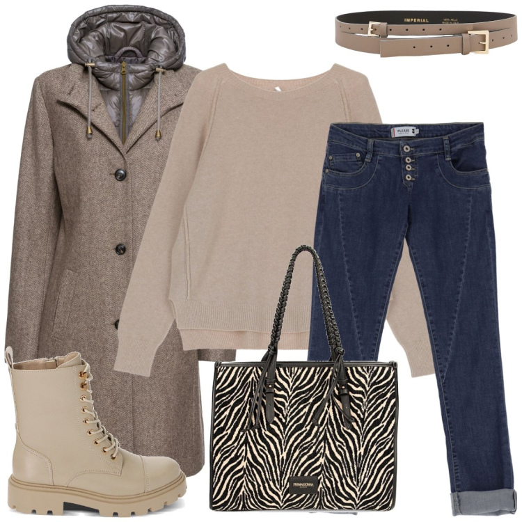 Outfit donna - Casual in jeans. Stile Casual per Tutti i giorni. Abbinamento con cappotti, jeans slim fit, maglieria, cinture, anfibi, borse a spalla.