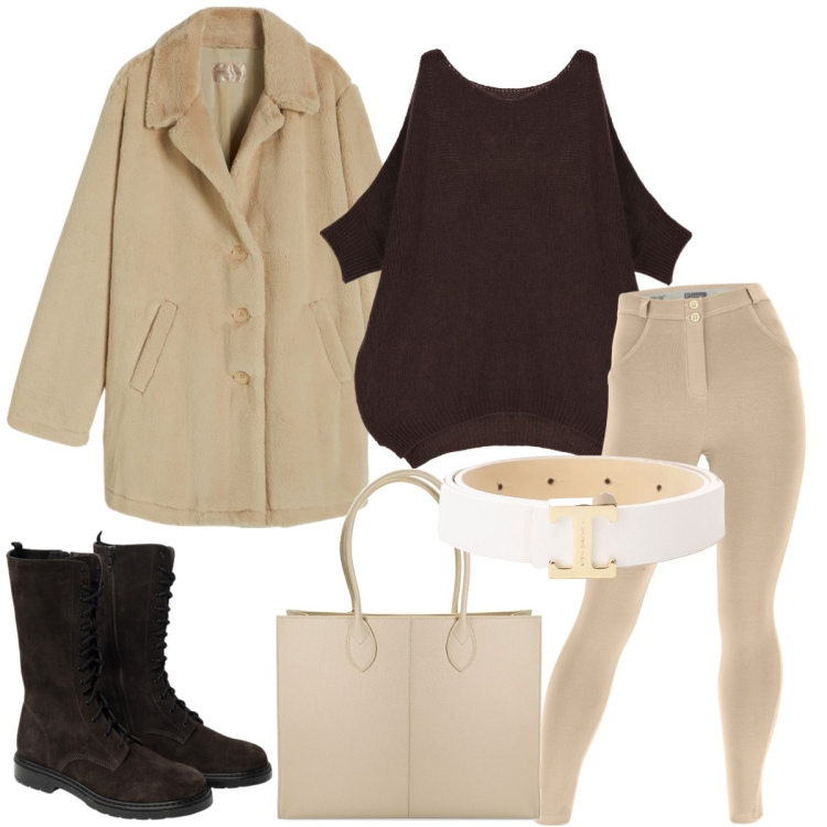 Outfit donna - Primi freddi. Stile Casual per Tutti i giorni. Abbinamento con cinture, pullovers, cappotti, pantaloni skinny, borse a spalla, stivaletti.
