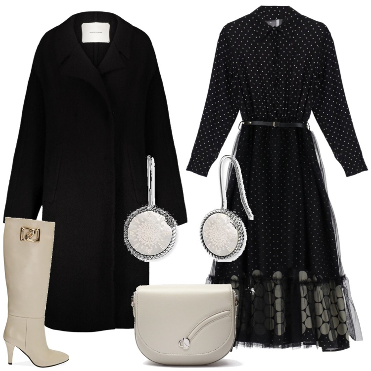 Outfit donna - Pois. Stile Chic per Tutti i giorni. Abbinamento con vestiti midi/longuette, stivali, cappotti, orecchini, borse a tracolla.