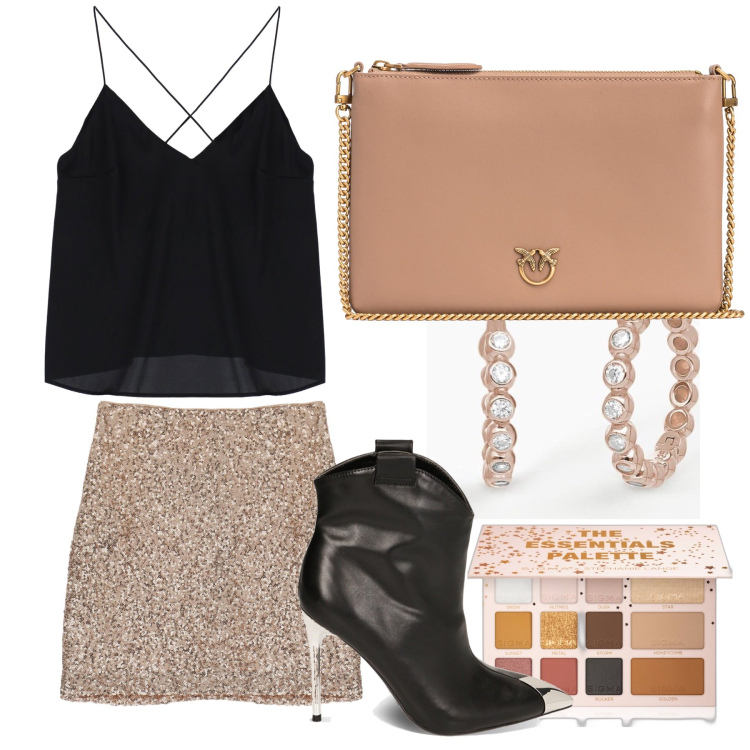 Outfit donna - Black and gold. Stile Chic per Serata fuori. Abbinamento con terre, orecchini, borse a tracolla, canottiere, minigonne, stivaletti.