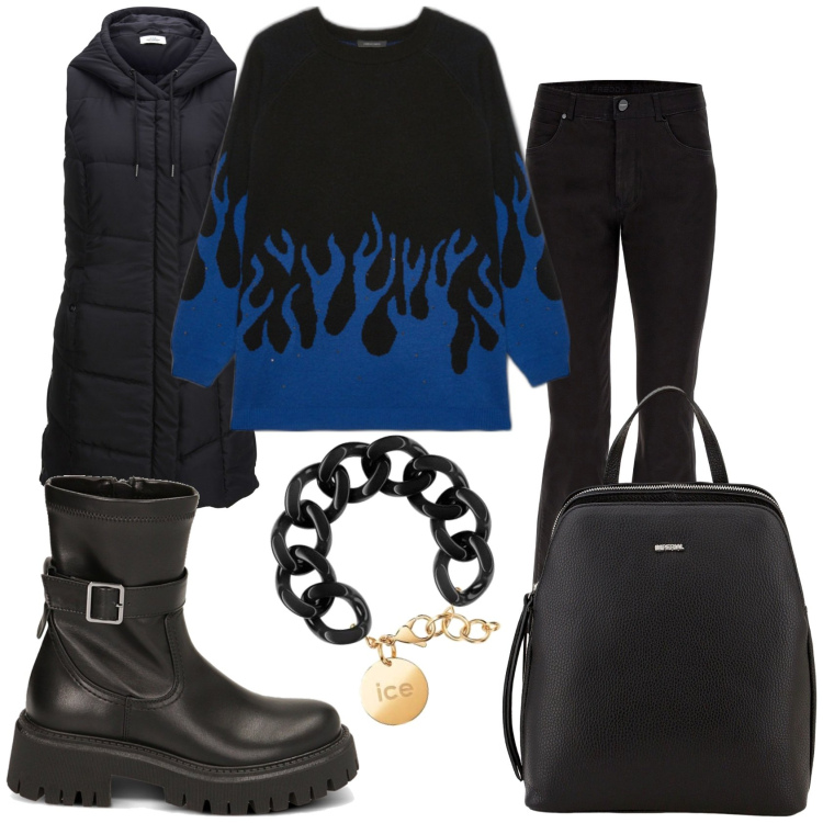 Outfit donna - Casual in blu e nero. Stile Casual per Tutti i giorni. Abbinamento con gilet, zaini, pantaloni skinny, stivaletti, maglieria, braccialetti.