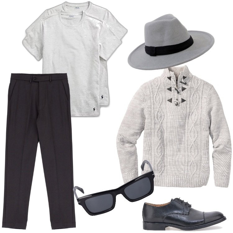 Outfit uomo - Total look #1773726-Dicembre. Stile Business/Elegante per Ufficio. Abbinamento con maglieria, pantaloni, cappelli, magliette intime, scarpe stringate, occhiali da sole.