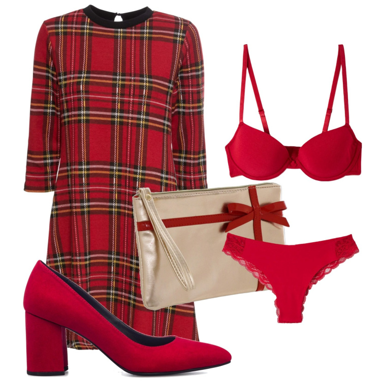Outfit donna - Natale. Stile Bon Ton per Serata fuori. Abbinamento con vestiti corti, reggiseni push-up, slip, décolleté, pochette.