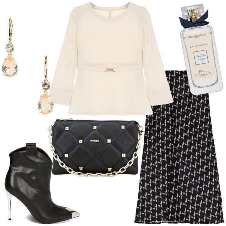 Outfit donna - Elegante. Stile Chic per Serata fuori. Abbinamento con profumi, gonne longuette, maglieria, pochette, stivaletti, orecchini.