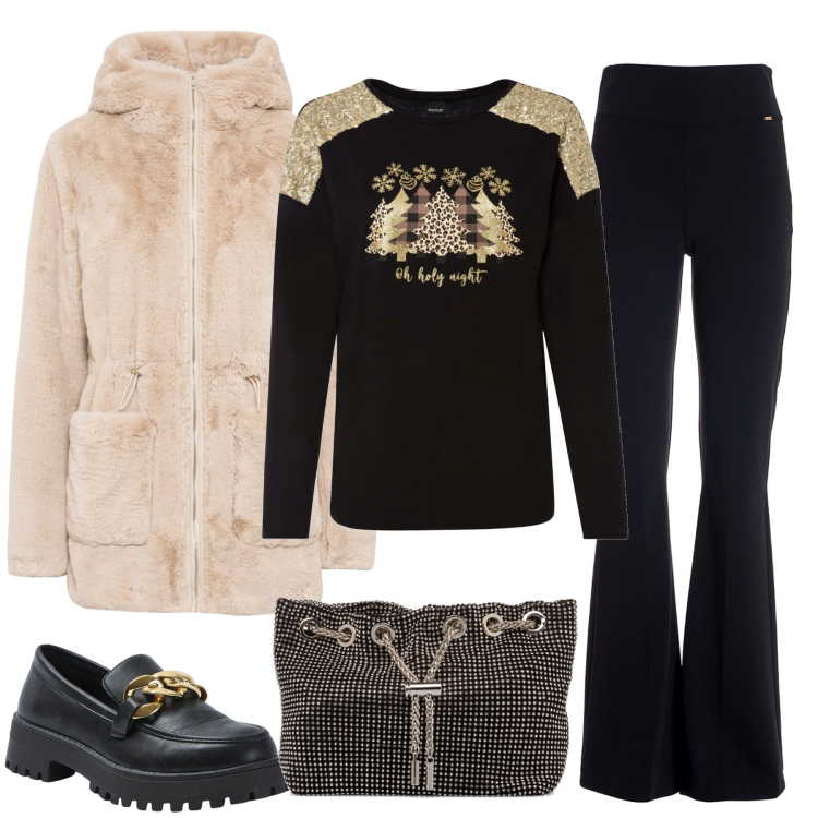 Outfit donna - Natale in arrivo. Stile Casual chic per Tutti i giorni. Abbinamento con ecopellicce, maglieria, mocassini, pantaloni, clutch.