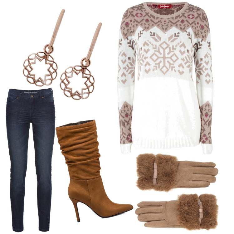 Outfit donna - Aspettando la nve. Stile Casual chic per Tutti i giorni. Abbinamento con jeans skinny, maglieria, stivali sopra il ginocchio, guanti, orecchini.