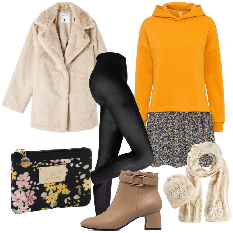 Outfit donna - Total look #1773765. Stile Casual per Tutti i giorni. Abbinamento con vestiti, leggings, sciarpe, ecopellicce, stivaletti, pochette.
